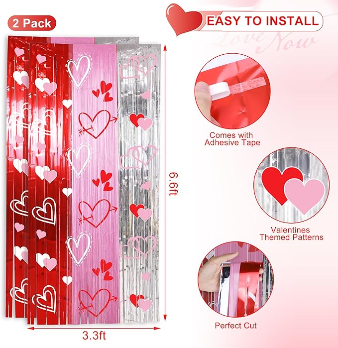 Foil Fringe Curtains Backdrop Valentines Party Decorations, 2 Pack 3.3 x 6.6 FT Red Pink Silver Tinsel Valentines Day Backdrop, Valentine Photo Backdrops Galentines Day Decor Wedding Party Decor