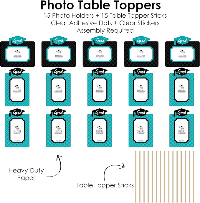 Big Dot of Happiness Teal Graduation Photo Display Centerpiece Kit - 15 Double-Sided Photo Table Topper Sticks, Vertical and Horizontal 4x6 Picture Holders, DIY Party Decoration Set