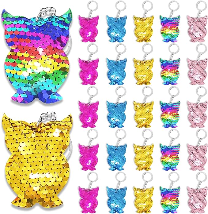 CiciBear 25 Pack Night Owl Sequin Keychains for Owl Party Favors, Kids and Adults Birthday Gift, Baby Shower, Party, 5 Colors