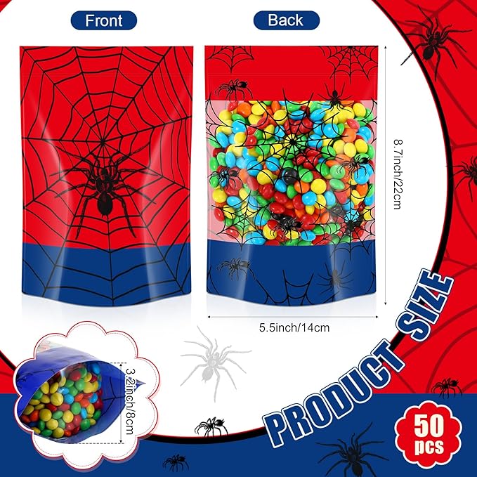 Fuutreo 50 Pcs Spider Gift Bags Plastic Cobweb Birthday Sealed Pouches Resealable Red Blue Spider Bags Party Favor Pouches for Home Candy Small Gift Party Wrapping Supplies Decoration