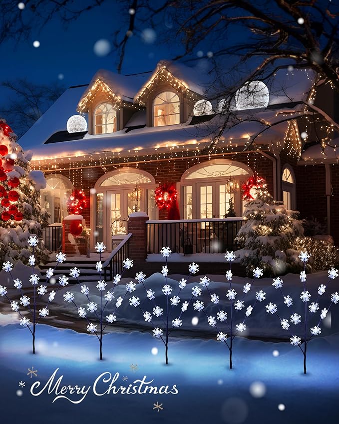 Brightown Snowflake Lights Outdoor Pathway, 4 Packs Lighted Branches Christmas Yard Decor, Small Christmas Tree with Lights, Twig Branch Light Outdoor Christmas Decorations Yard, White