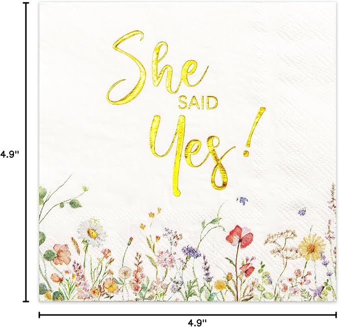 Crisky 3-Ply Engagement Napkins Floral Gold Foil She Said Yes Paper Disposable Napkins for Bachelorette/Engagement/Bridal Shower Party Decoration, 50 Counts
