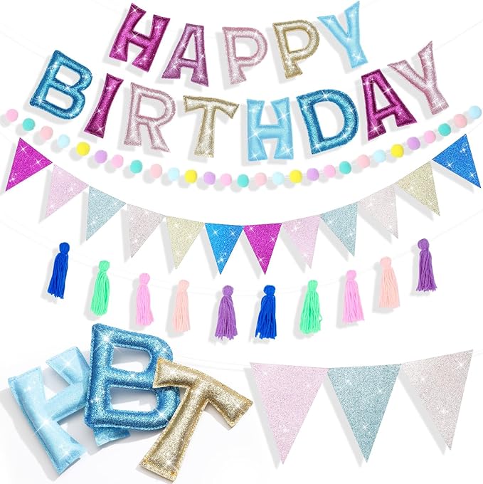 5 Pcs Pre-strung Unicorn Glitter Happy Birthday Banner Set, Felt Happy Birthday Garland with Ball Garland, Pennant Flags and Tassels, Birthdays Party Decorations for Kids and Adults