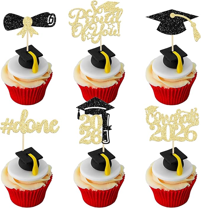 Gyufise 24Pcs Graduation Cupcake Toppers 2026 Gold Glitter Class of 2026 Cupcake Toppers Supplies So Proud of You Grad Cap Diploma Cupcake Picks for Graduation Party Decorations 2026