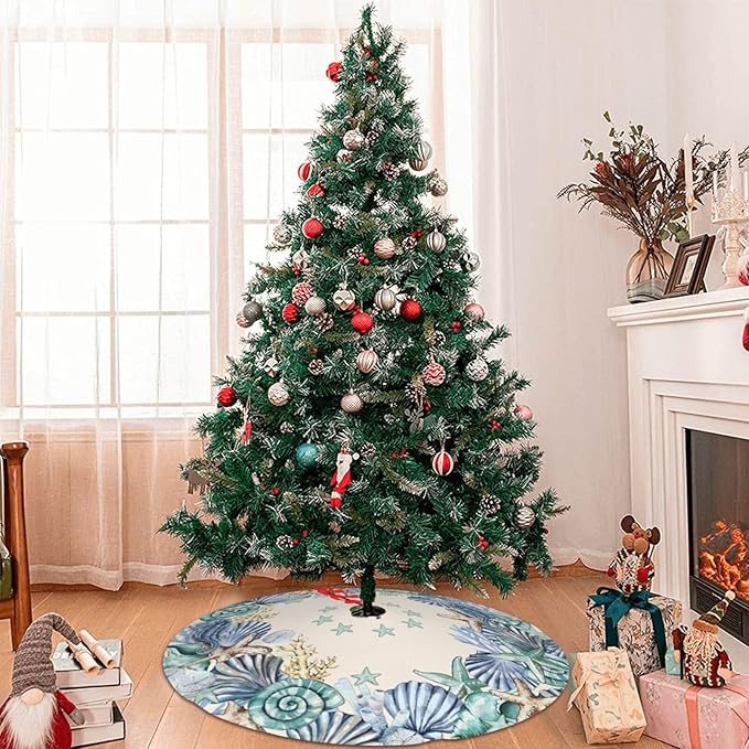 Shell Coastal Wreath Beach Starfish Sea Theme Seahorses Christmas Tree Skirt Xmas Tree Mat Halloween Christmas Tree Ornaments Decorations Holiday Party Indoor Outdoor 48"