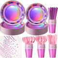 Iridescent Pink Party Supplies Decorations Serve100, Hot Pink Holographic Paper Plates and Napkins Set, Disposable Pink Paper Plates Cups Knives Spoons Fork for Mermaid Disco Kpop Birthday Party Decor