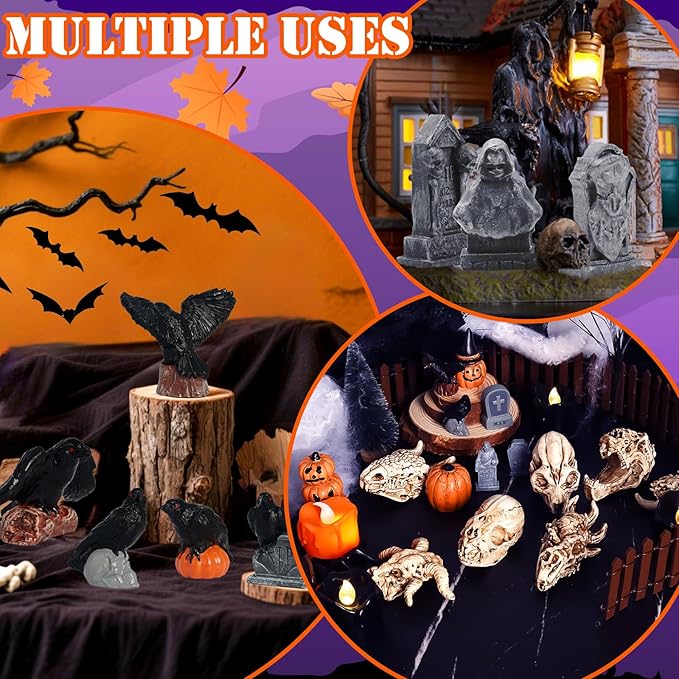 35 PCS Halloween Village Accessories Miniature Tombstone Crow Animal Skull Figurines Halloween Village Trees Spooky Town Set for Mini Graveyard Scene Decor