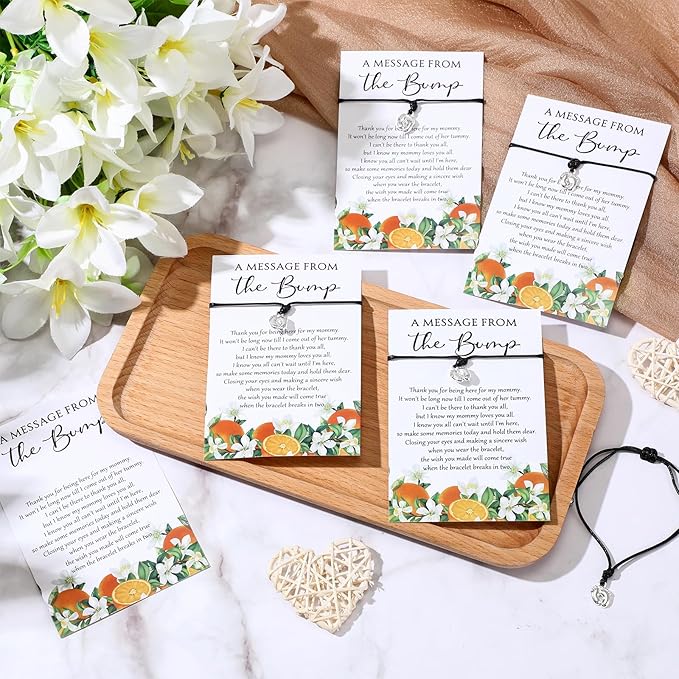Thyle 50 Set Little Cutie Baby Shower Favors for Guests Adjustable Bracelets with Message from the Bump Card Footprints Charm Baby Shower Bracelets for Gender Reveal Thank You Gifts
