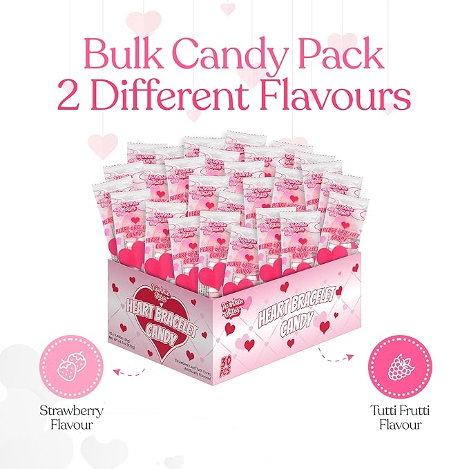 60 Pack Valentines Day Bracelet Candy – Individually Wrapped Holiday Themed Love Heart Candies – Strawberry, Tutti Frutti Delicious Flavors – Bulk Valentine Candy's Great Use, For Kids Party Favor, Classrooms Partys, Goodie Bags