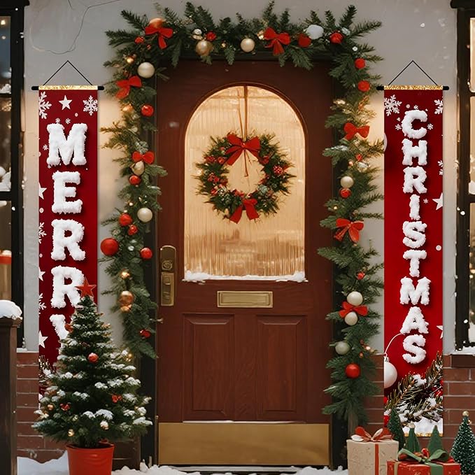 Nuxovilar Merry Christmas Snowflake Decor Polyester Banner 12x70.86 Inches Christmas Door Banner, Festive Home Decor for Living Room, Porch, Holiday Parties