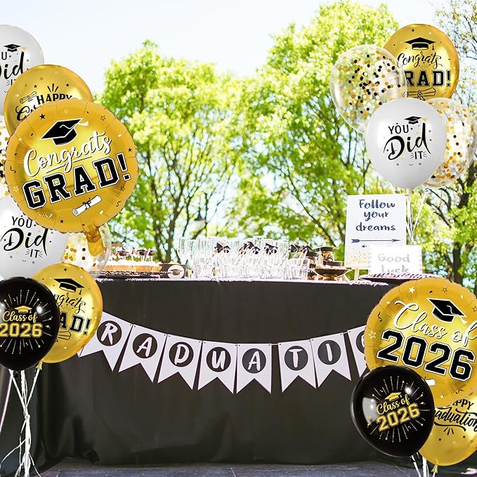 Black and Gold Graduation Balloons Graduation Decorations 2026, 51Pcs Grad Latex Balloons and Grad Foil Balloon with Confetti Ribbons Grad Party Decorations for College High School