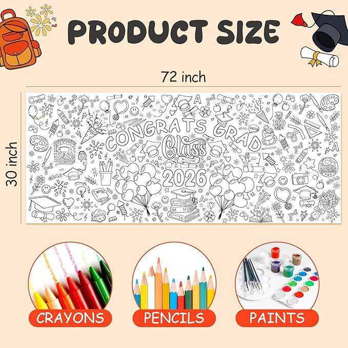 OHOME Graduation Giant Coloring Poster/Tablecloth - Kindergarten Graduation Gifts - 30 x 72 Inches Jumbo Coloring Banner Kids Crafts Games,Kindergarten Graduation Decorations for 5th Grade Preschool