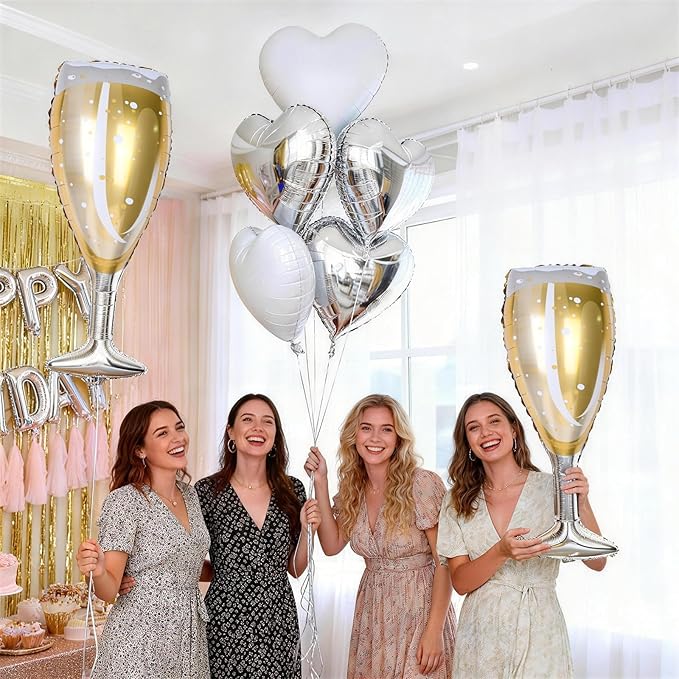 Champagne Balloons, Engagement Party Balloons with Champagne Bottle Glass Foil Mylar Balloon Silver White Heart Shaped Balloon for Wedding Anniversary Bachelorette Birthday Bridal Shower Decorations