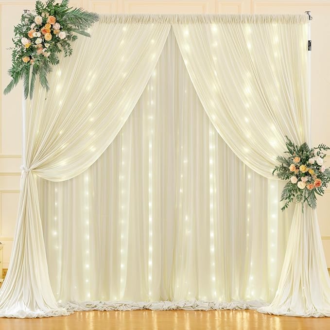 10 x 10ft Ivory Backdrop Curtains with Lights String for Wedding Photo Backdrop Drapes Wrinkle Free Polyester Curtains Backdrop for Baby Shower Birthday Parties Reception Ceremony - 5 x 10ft 2 Panels