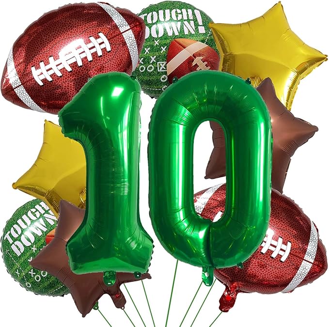 Football Balloons Foil Football Birthday Decorations Balloons Green Number 10 Balloon Gold Brown Star Touchdown Ballons for Rugby Birthday Decorations Sports Ballons Arch Kits Party Balloon Sets 10pcs