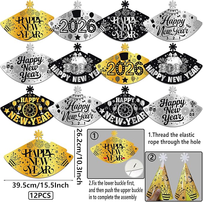 New Years Eve Party Supplies 2026, 42pcs Happy New Year Party Favors Set- New Years Paper Hats, 2026 New Year Headband, Eyeglasses, Blowouts for New Year's Eve Party