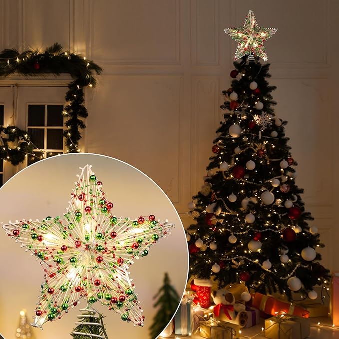 Christmas Star Tree Topper 8.3 Red Green Berries Decor 3D Star Treetop LED Lights Battery Powered Xmas Tree Ornament for Christmas Party Indoor Outdoor Home Decoration