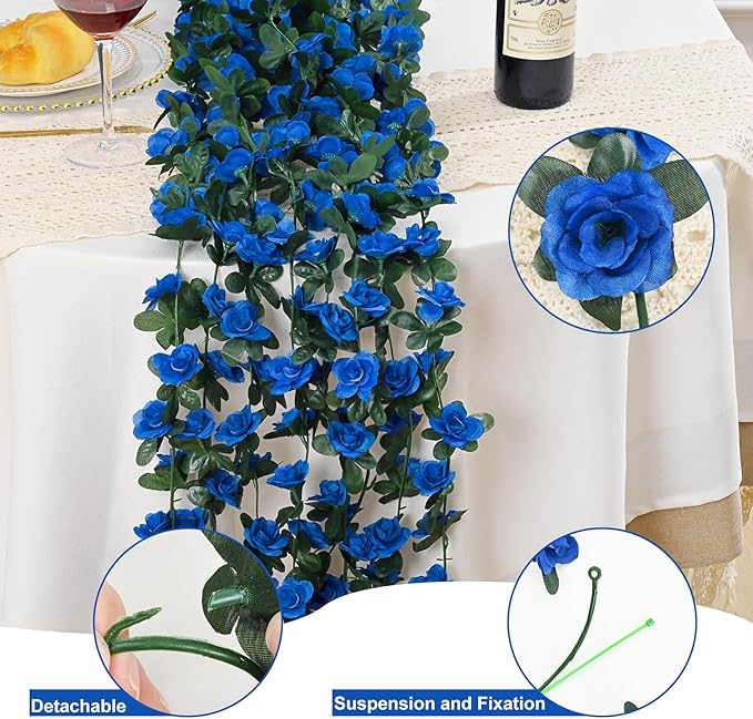 MARTINE MALL Flower Garland Rose Vines, 5 Strands 41Ft Flowers Vines for Bedroom, Rose Flower Garland Decoration, Sapphire Rose Floral Garland for Room Table Birthday Wedding Party Garden Wall Decor