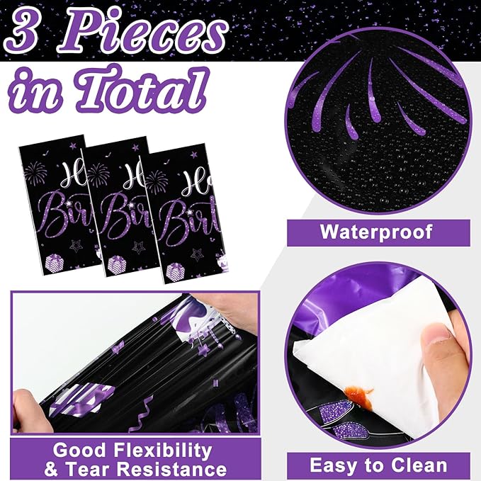 Tudomro 3 Pcs Happy Birthday Tablecloths Happy Birthday Party Decorations Plastic Table Cover Rectangular Cloths for Women Men Baby Shower Party Supplies, 108 x 54 Inch (Black Purple)