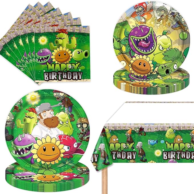 deenor 41Pack Plants Zombies Birthday Party Supplies include 20 plates, 20 napkins and Tablecloth for Zombies Party Decoration