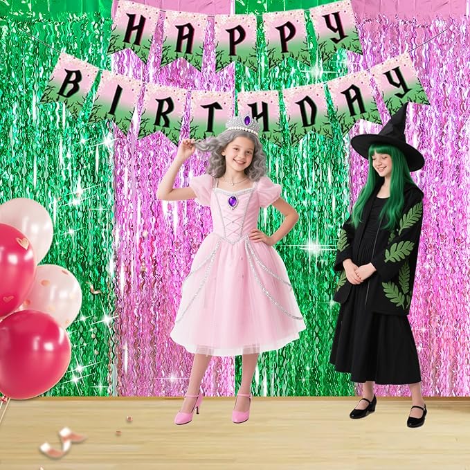 MYUPDALIN 2 Pack Pink and Green Foil Fringe Tinsel Backdrop Party Decorations for Witch Theme Birthday Party Decor