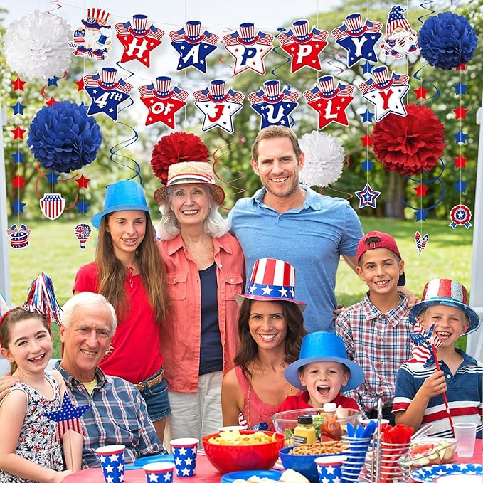 31Pcs 4th of July Party Decorations, Red White and Blue Decor Set with Banner, Hanging Swirls, Pom Poms & Star Streamers,Patriotic Decorations for Independence Day Outdoor Home Office Mantel