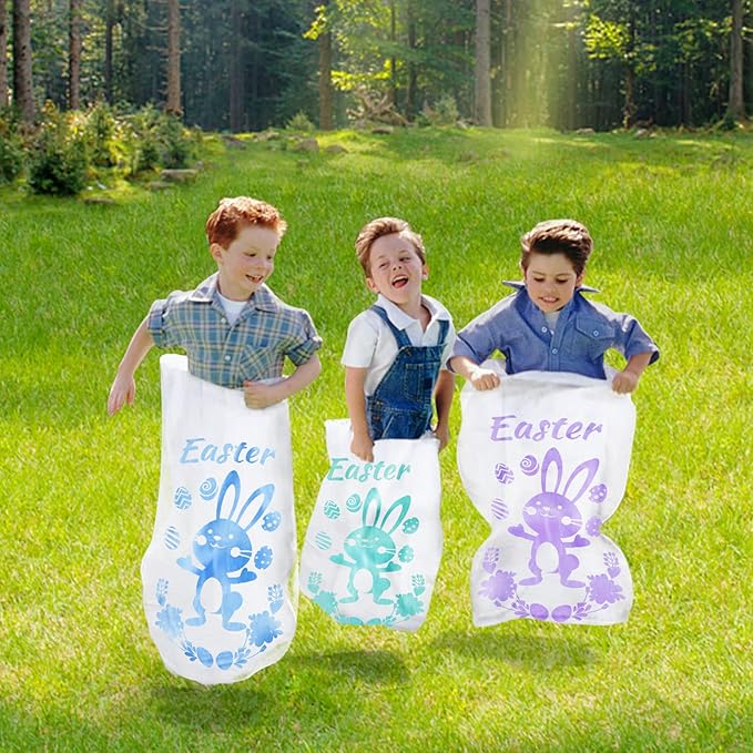 4 Players Easter Outdoor Party Games for Kids and Family - Potato Sack Race Jumping Bags, Legged Relay Race Bands, Egg and Spoon Race and Inflatable Bunny Ring Toss Games - Easter Party Supplies