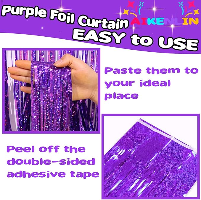 4 Pack 3.2Ft x 8.2Ft Purple Foil Fringe Curtain Backdrop, Metallic Tinsel Foil Fringe Streamers Curtains Background for Photo Booth, Birthday, Wedding, Disco, Bachelorette, Christmas Party Decoration