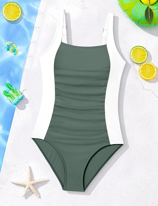 Girl Swimsuit One Piece Bathing Suit for Girls Solid Color Ruched Adjustable Straps Padded Swimwear 9-16y