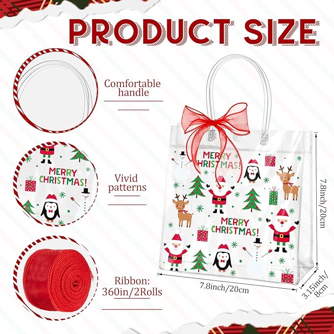 Henoyso 24 Pcs Christmas Clear Gift Bags Plastic Candy Treat Goodie Bags Red Foil Santa PVC Wrap Totes with Handles and Ribbon Xmas Party Favors (Santa and Xmas Tree,7.8 x 7.8 x 3.1 Inch)