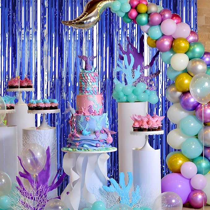 Valentines Day 4 Pack 3.3 * 8.3 ft Foil Curtain Metallic Tinsel Fringe Curtains Photo Booth Props Backdrop for Birthday Wedding Engagement Baby Shower Christmas Holiday Celebration Party,Blue