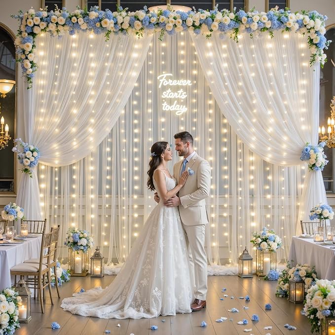 20×15ft White Tulle Backdrop Curtain with Lights String for Parites Sheer Fabric Backdrop Curtains White Backdrop Drapes for Wedding Baby Shower Birthday Party Photo Shoot Background 4 Panels 5ft×15ft