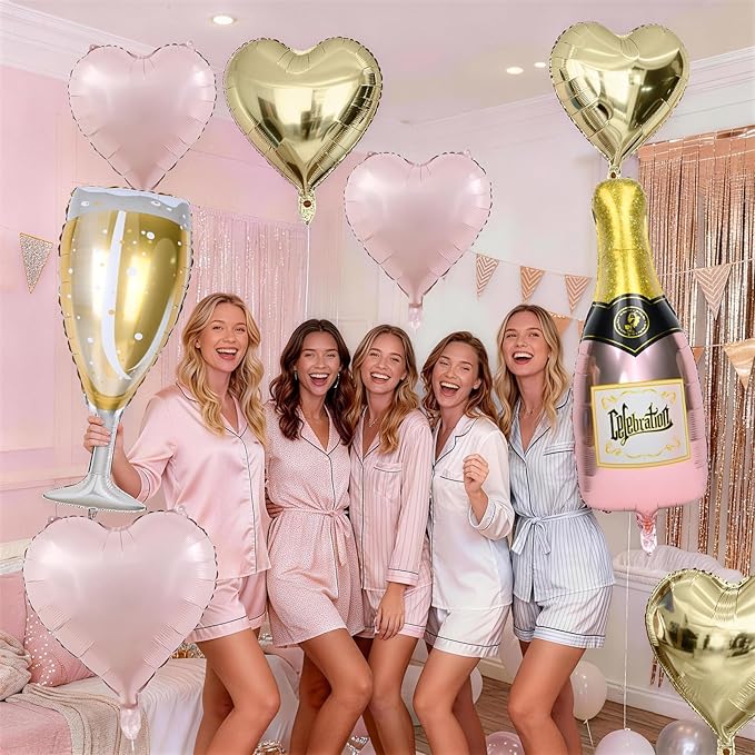 Champagne Balloons, Bachelorette Party Balloons with Champagne Bottle Glass Foil Mylar Balloon Baby Pink Gold Heart Shaped Balloon for Engagement Birthday Bridal Shower Wedding Anniversary Decorations