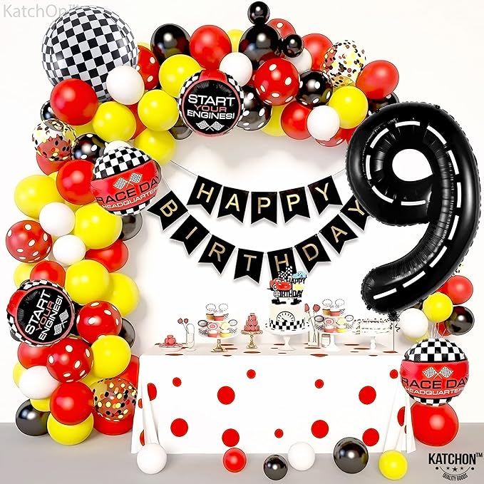 KatchOn, Giant Checkered Number 9 Balloon - 40 Inch | Foil 9 Birthday Balloon for 9th Birthday Decorations | 9th Anniversary Decoration | Race Car Party Decoration | Black Party Decor