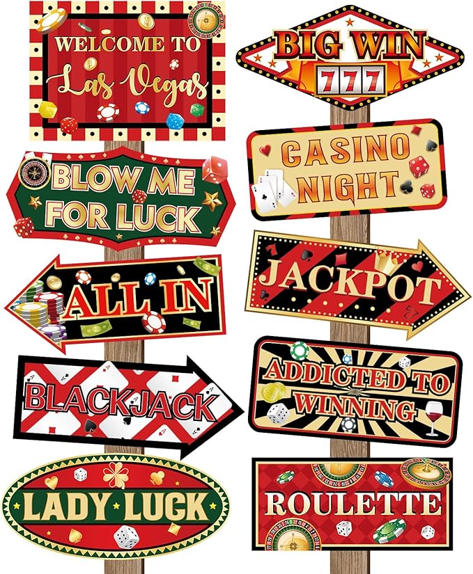 20 Pieces Casino Party Decorations Vegas Themed Party Directional Signs Casino Signs Welcome to Las Vegas Party Decorations Casino Night Poker Chip Dice Birthday Party Supplies