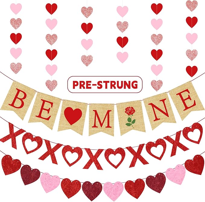4PCS Pre-strung Valentine’s Day Banner, Valentine’s Day Decorations Include NO DIY Valentines Banner Heart XO Felt Sign Heart Garlands for Home Mantle Fireplace Wall Decor