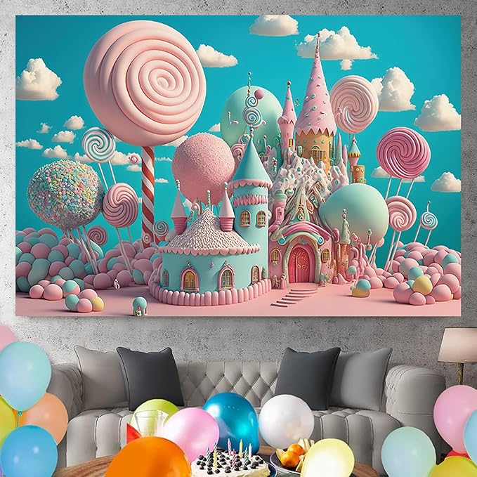 10x6.5ft Candyland Backdrop Fantasy Pink Sweet Candy Castle Photography Background Children's Birthday Party Candyland Theme Decorations Banner Photo Studio Props