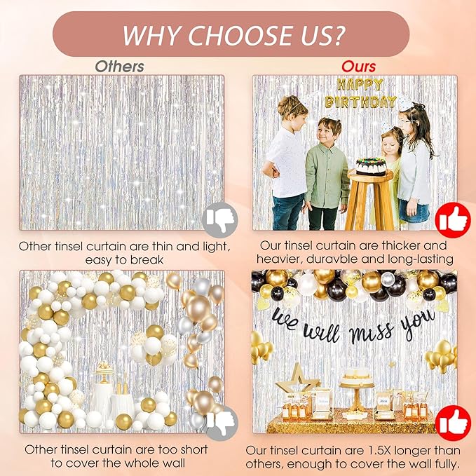 3 Pack Shiny Silver Backdrop Party Decorations Tinsel Curtain Party Backdrop Foil Fringe Birthday Decorations Photo Booth Streamer Silver Theme Bachelorette Graduation Party Decorations