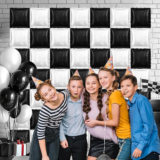 50 PCS Black and Pearl White Square Foil Balloons Wall Backdrop 19'' Reusable DIY Mylar Balloon Tunnel Arch Kit for Racing Birthday Baby Shower Wedding Bachelorette Party Background Decor