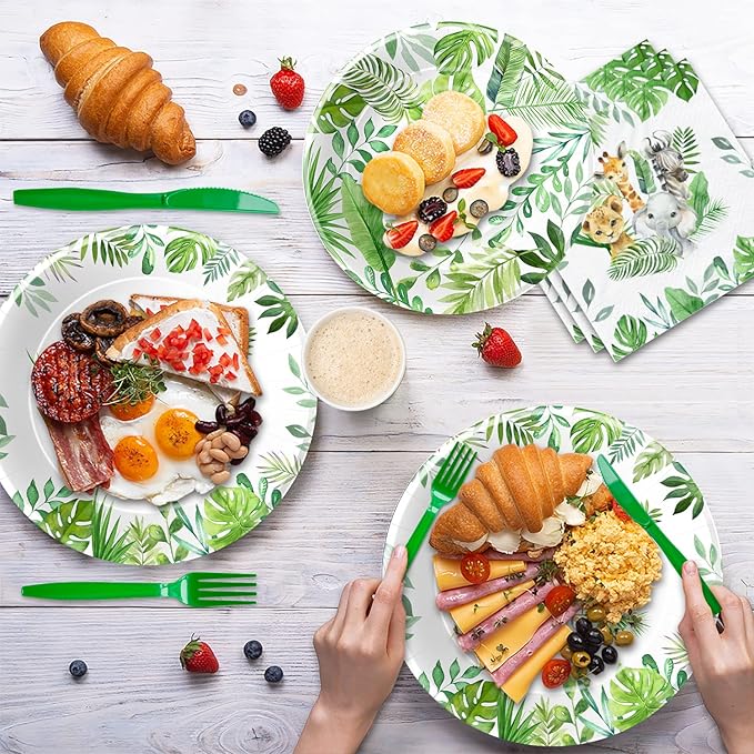 Safari Birthday Decorations Tableware - Jungle Theme Party Supplies Include Plates, Cups, Napkin, Cutlery, Tablecloth, Straws, Animal Safari Jungle Birthday Baby Shower Decorations | Serve 24