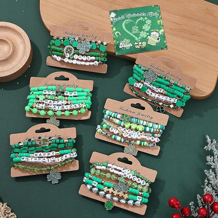 Cooluckday 36 Pcs Holiday Heishi Surfer Bracelets for Women Bulk Easter Mother's Day Christmas St. Patrick's Day Mardi Gras Bracelet Stackable Stretch Friendship Bracelets Set