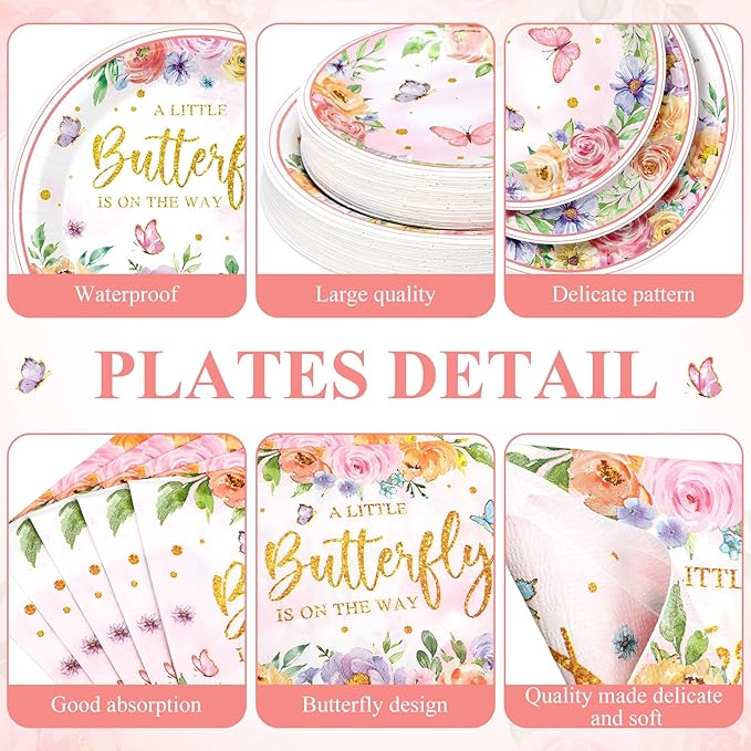 250 Pcs Butterfly Baby Shower Party Tableware Set a Little Butterfly Is on the Way Baby Shower Decorations Pink Purple Floral Paper Plates Napkins and Cups for 50 Guest (Fresh Style)