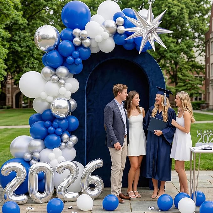 Blue Silver White Balloons Arch Kit, Blue White Balloon Arch with 4D Silver Star Graduation 2026 Foil Balloon Banner, Royal Metallic Balloons for Class of 2026 Graduation Decoration Birthday Party