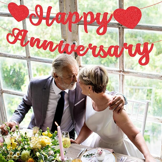 Red Glitter Happy Anniversary Banner - Pre-Strung Cardboard Letter Sign with Heart Garland for Couples Wedding Anniversary Love Party Supplies, and Romantic Special Night Bedroom Decorations