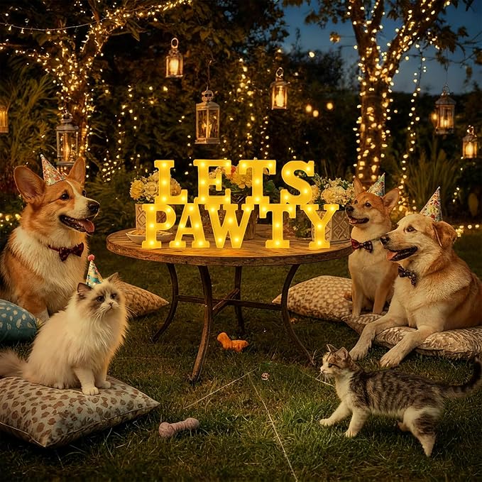 Honoson 9 Pcs Lets Pawty Light Dog Cat Pet Birthday Party Decorations 6.42 Inch Light up Sign LED Neon Table Decoration for Pet Puppy Cat Party Supplies Decorations