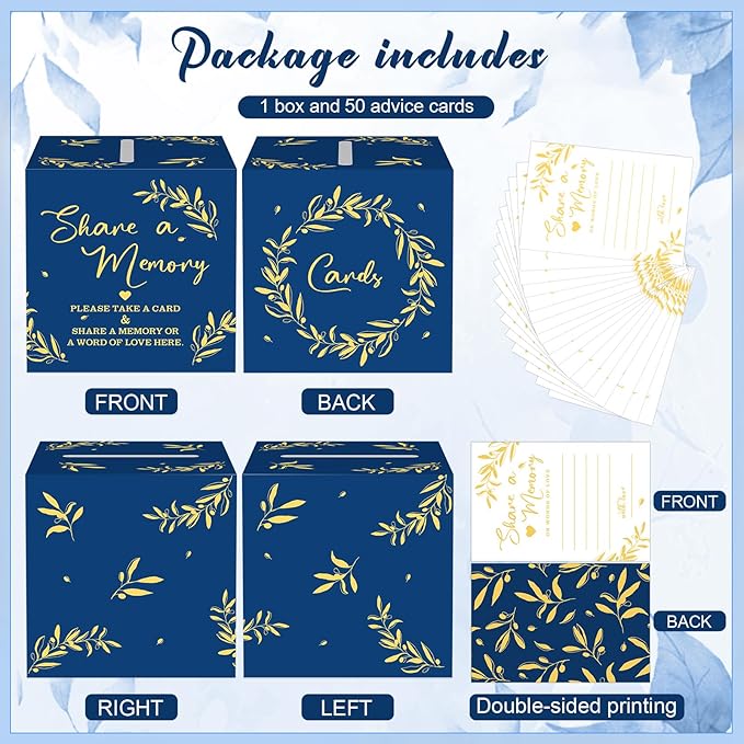 Pajean 50 Pcs Share a Memory Cards for Collections of Life, Memory Cards Box for Guest Ideas Funeral Graduation Wedding Bridal Shower Birthday Anniversary Retirement(Blue,Gold,Trendy)