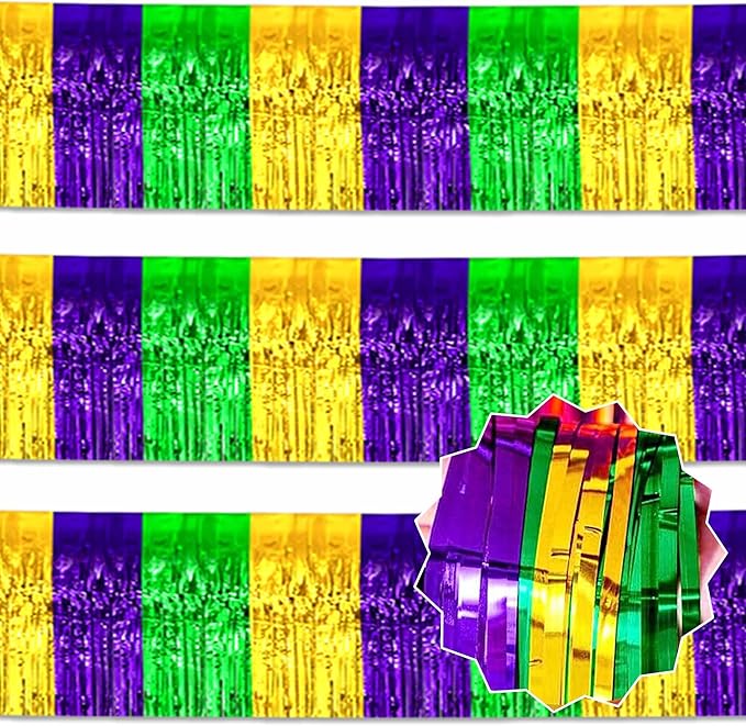 3 Pack 10 Ft Gold Green Purple Foil Fringe Garland Metallic Streamers Tinsel Banner Wall Hanging Garland Backdrop for Parade Floats, Halloween, Christmas, Thanksgiving, New Year Party Decorations