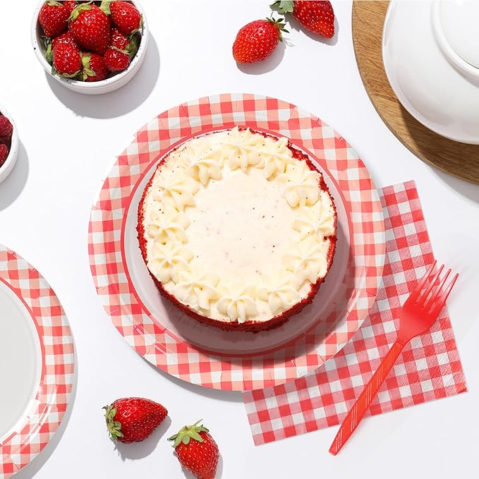 168PCS Party Plates, Scalloped Gingham Paper Plates and Cups and Napkins Sets Party Supplies for Birthday Wedding Bridal Shower Baby Shower Picnic, Serve for 24 Guests (Red Gingham)
