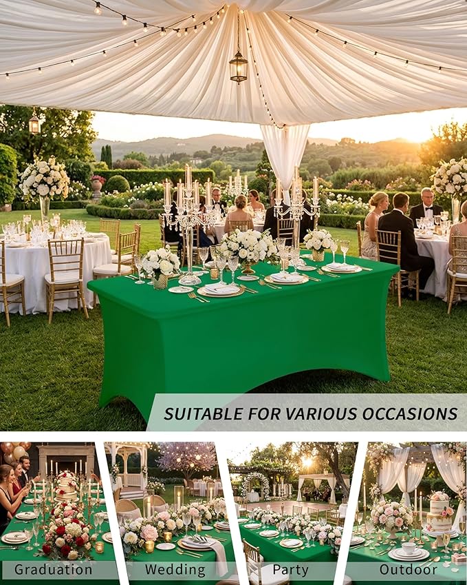 Fixwal 3 Pack Green Table Cloth for 6 Foot Rectangle Tables,Rectangular Tablecloths Stretch Spandex Fitted Table Covers 6 Ft for Parties, Trade Shows, Banquet, Buffet
