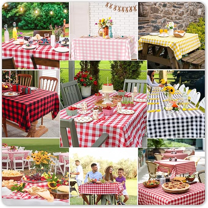 Mulbozy 2 Pcs Red and White Checkered Tablecloth, 54 × 108 inches Disposable Red Plaid Table Covers Plastic Gingham Tablecloth for Outdoor Picnic Birthday Baby Shower Holdiay Party Decoration
